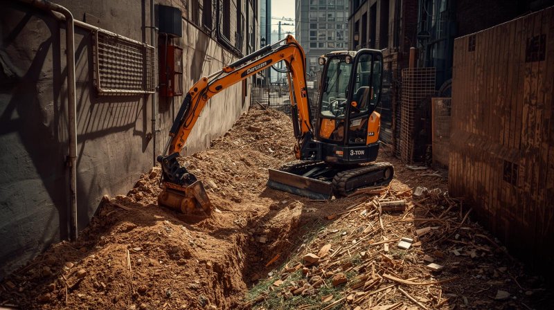 Mini Excavator 3 Ton sedang bekerja di area konstruksi sempit untuk menggali parit dan merapikan lahan dengan efisien bersama Traktor Nusantara.