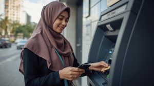 Seorang profesional muda sedang menarik uang tunai dari mesin ATM menggunakan kartu kredit sambil memahami risiko dan bunga cash advance.