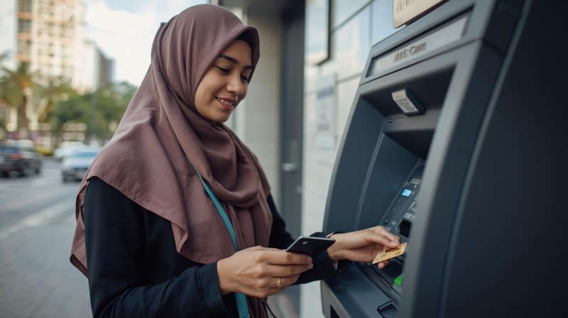 Seorang profesional muda sedang menarik uang tunai dari mesin ATM menggunakan kartu kredit sambil memahami risiko dan bunga cash advance.