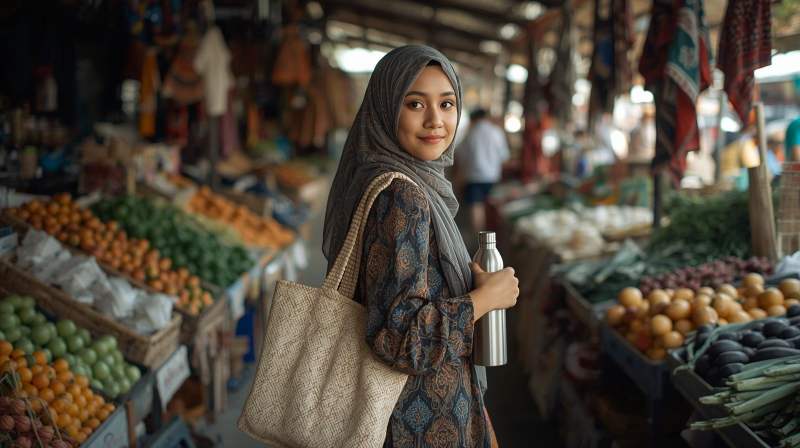 seseorang berbelanja dengan tas kain di pasar lokal sebagai simbol gaya hidup berkelanjutan