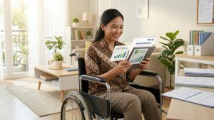 penyandang disabilitas tersenyum tenang karena mendapat dukungan solusi finansial dari klaim asuransi Allianz