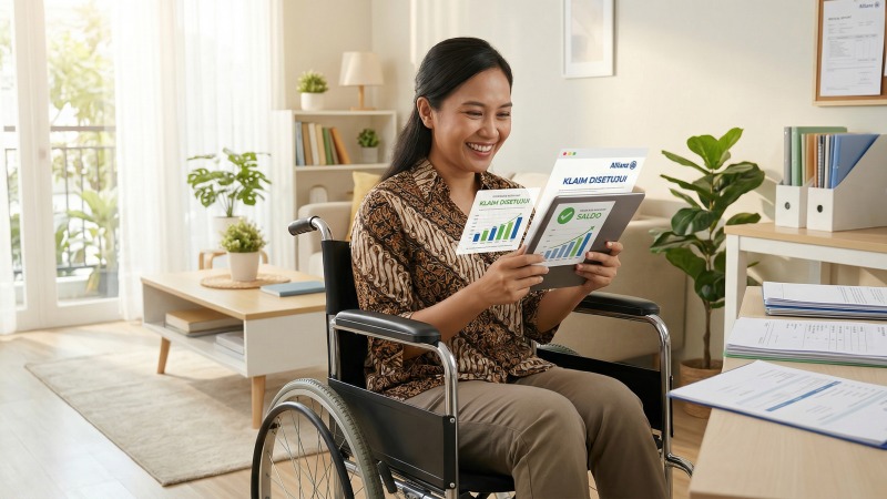 penyandang disabilitas tersenyum tenang karena mendapat dukungan solusi finansial dari klaim asuransi Allianz