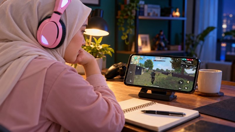 Perempuan berhijab dengan headphone merah muda melihat permainan Free Fire di ponsel sebagai ilustrasi artikel harga Elite Pass FF.