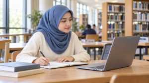 Ilustrasi perempuan berhijab meninjau laptop dan membuat catatan untuk mempertimbangkan jurusan di UIN Jambi.
