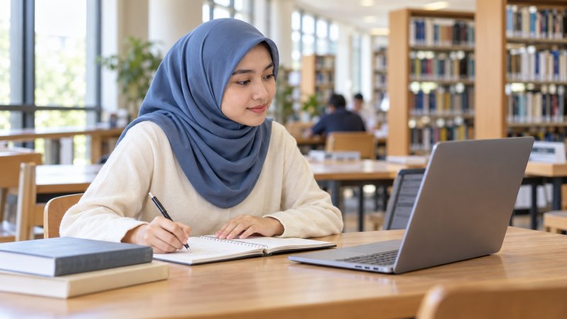 Ilustrasi perempuan berhijab meninjau laptop dan membuat catatan untuk mempertimbangkan jurusan di UIN Jambi.