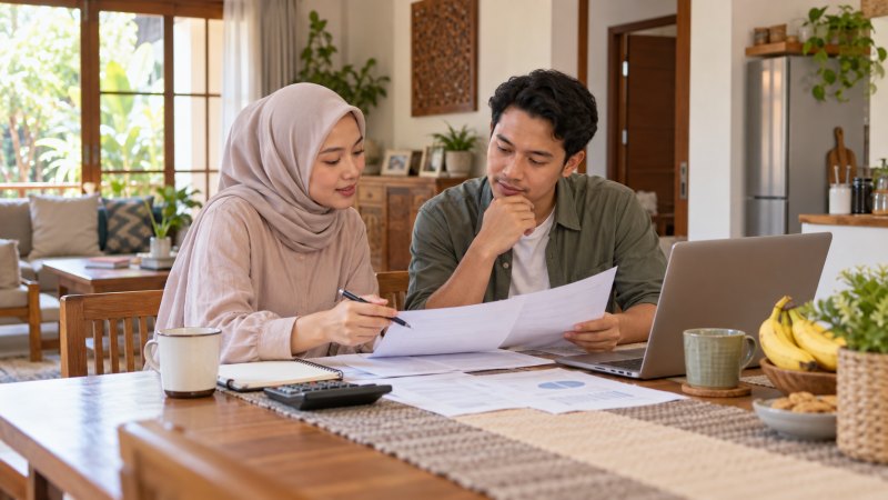 Pasangan meninjau anggaran keluarga untuk memilih asuransi kesehatan murah tapi bagus sesuai kebutuhan.
