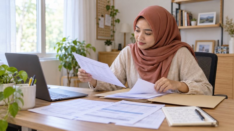 Ilustrasi wanita berhijab memeriksa dokumen keuangan untuk pengajuan visa Schengen di meja kerja.